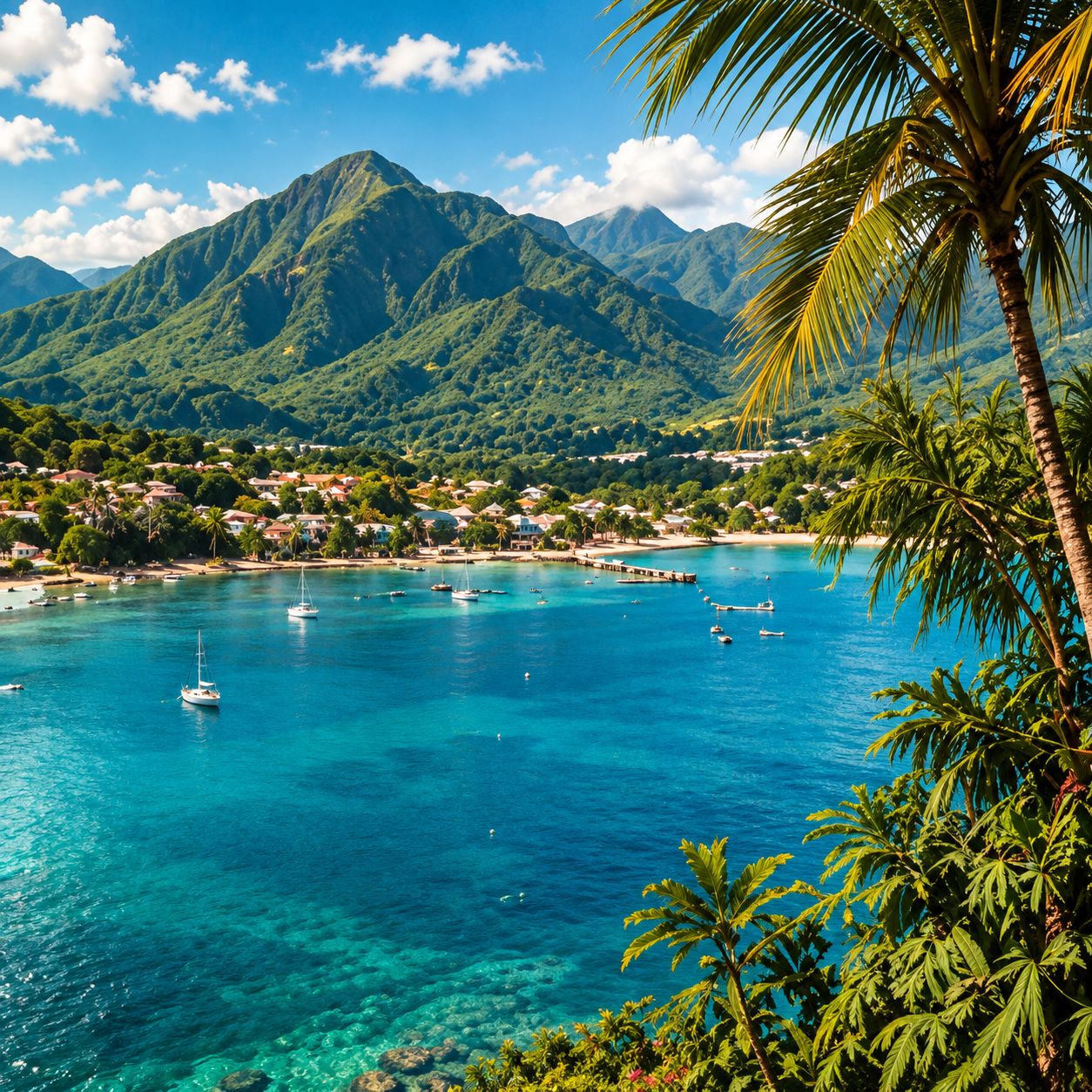 Caribbean bay with mountains and palm trees